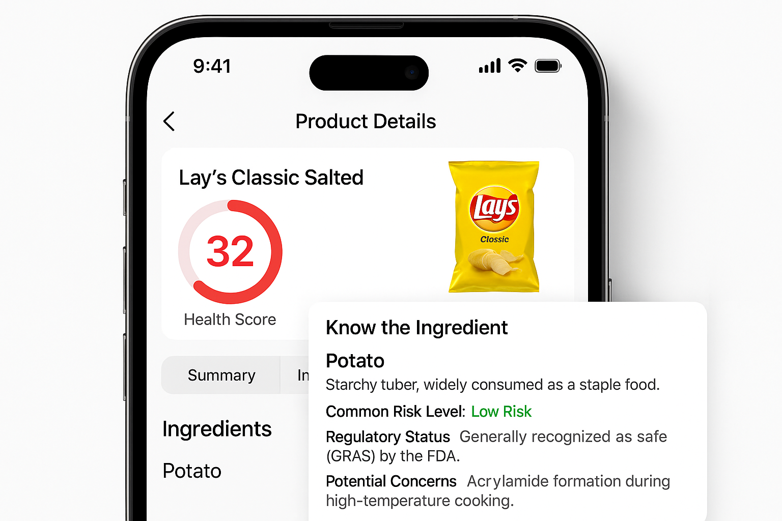 Nutrition analysis results showing health score and ingredients
